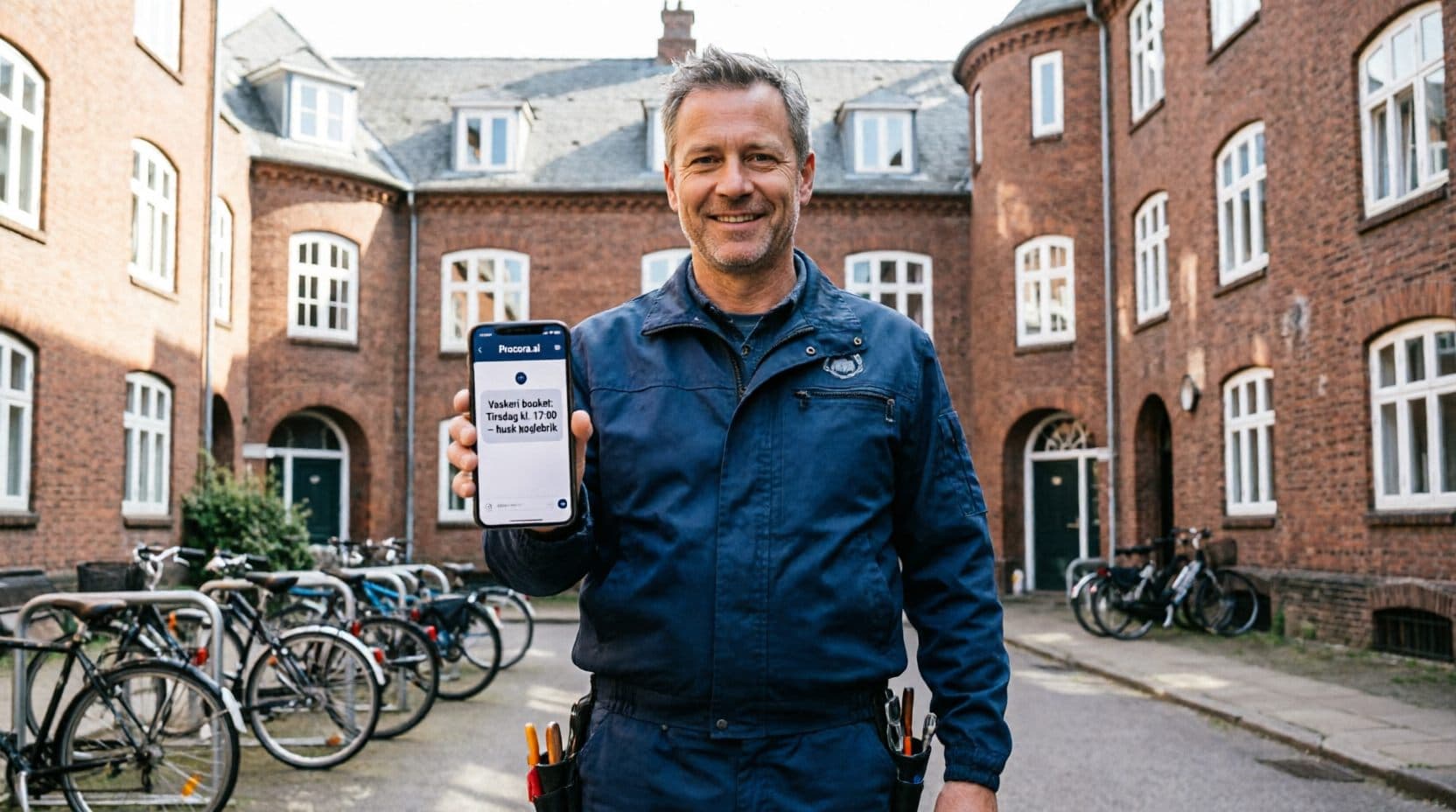 Ejendomsservicemedarbejder i en klassisk dansk rødstensgård viser Procora på telefonen
