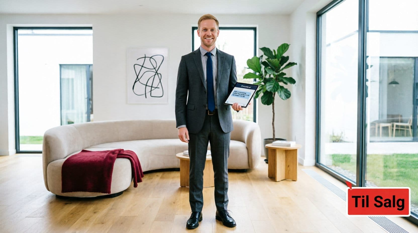 Ejendomsmægler fremviser en bolig med tablet i hånden