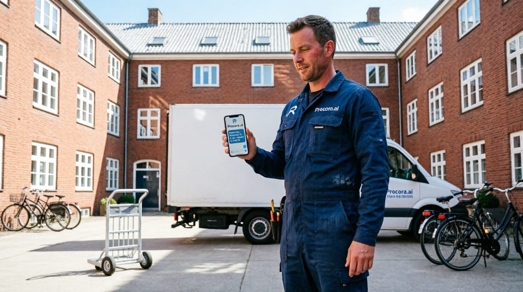 Flyttemand i en dansk baggård viser en bookingbekræftelse på telefonen foran flyttebilen