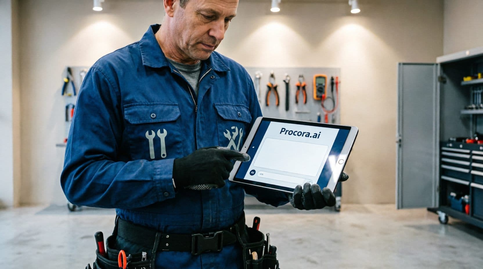 Håndværker gennemgår dagens henvendelser på en tablet i værkstedet
