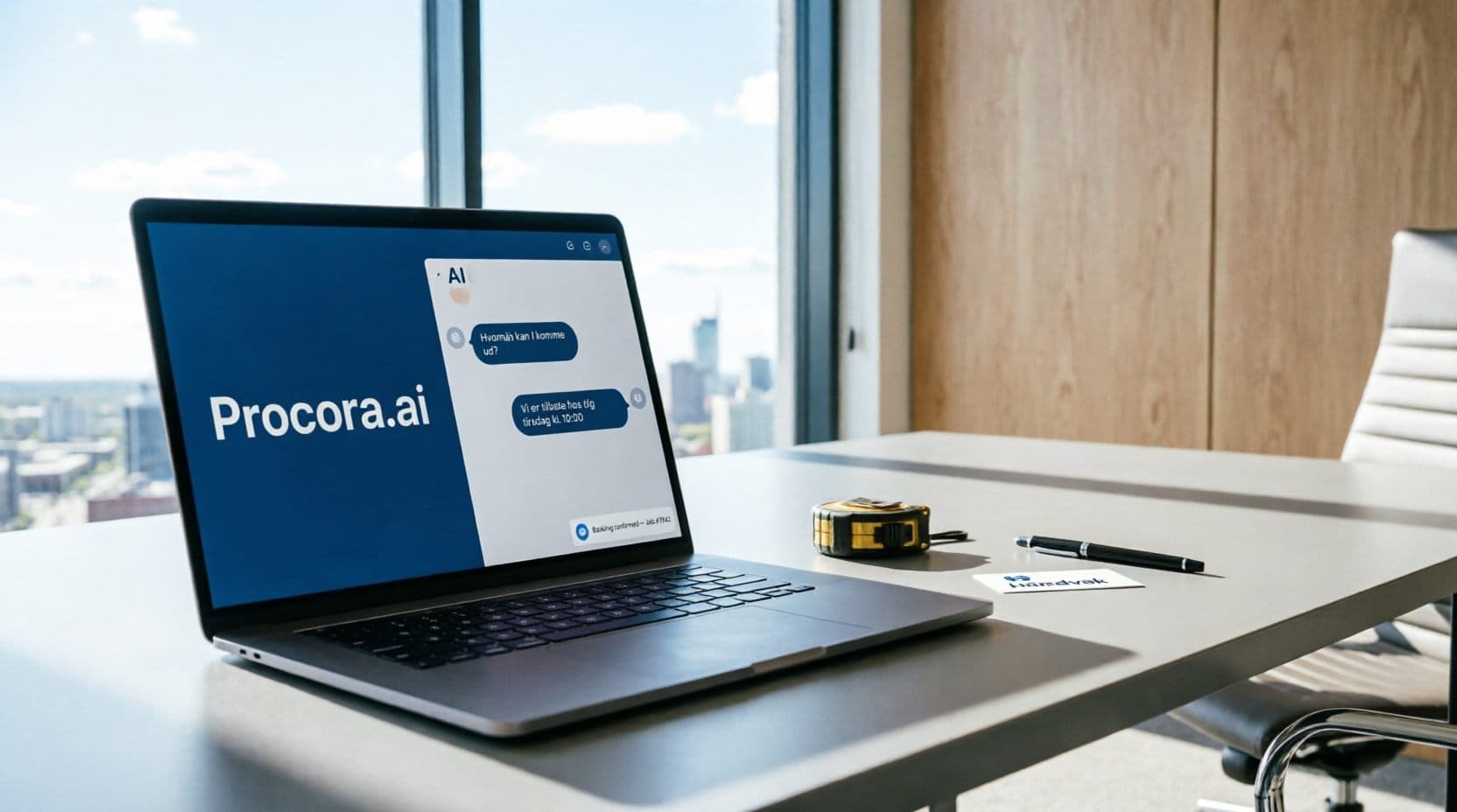 Laptop på et skrivebord med Procora-chatten åben og en tommestok ved siden af