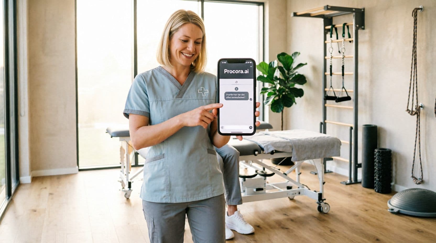 Fysioterapeut i klinik viser Procora-chatten på sin telefon