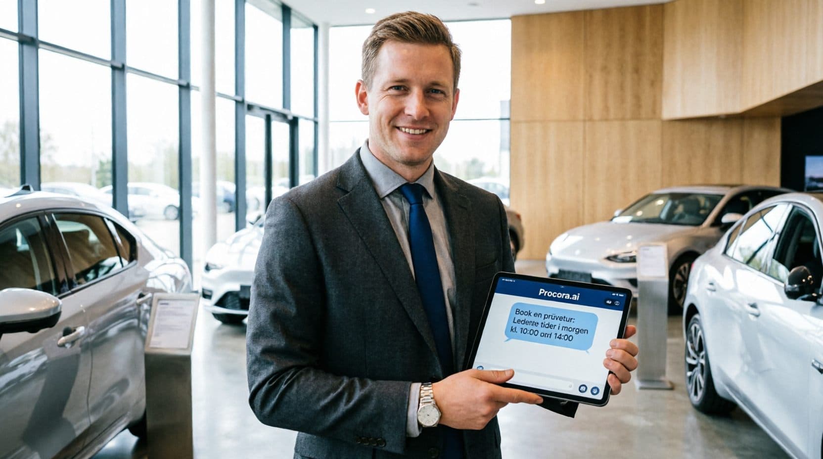 Bilforhandler i udstillingen med Procora på en tablet