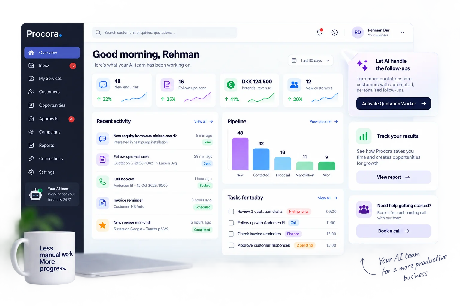 Concept dashboard with sample activity, tasks and charts