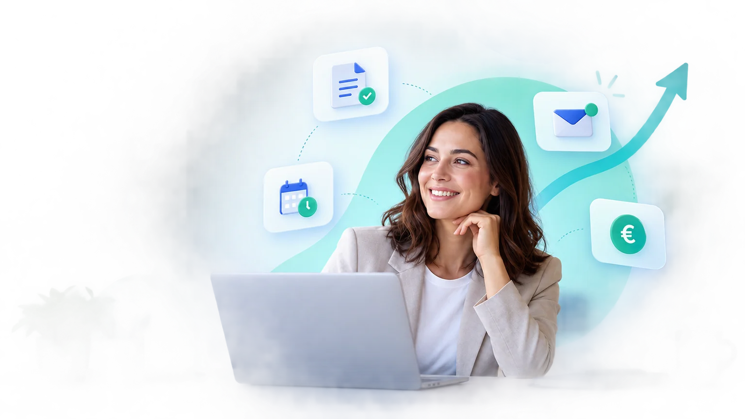 A business owner at a laptop with document, calendar and message symbols